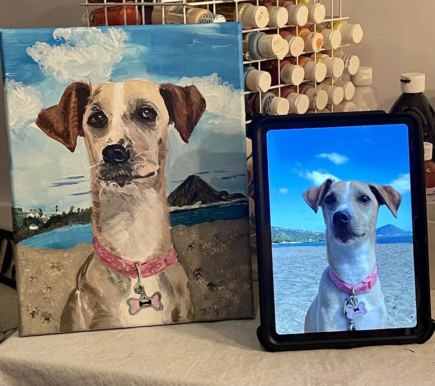 Heather's painting of Chloe beside the photo it was painted from